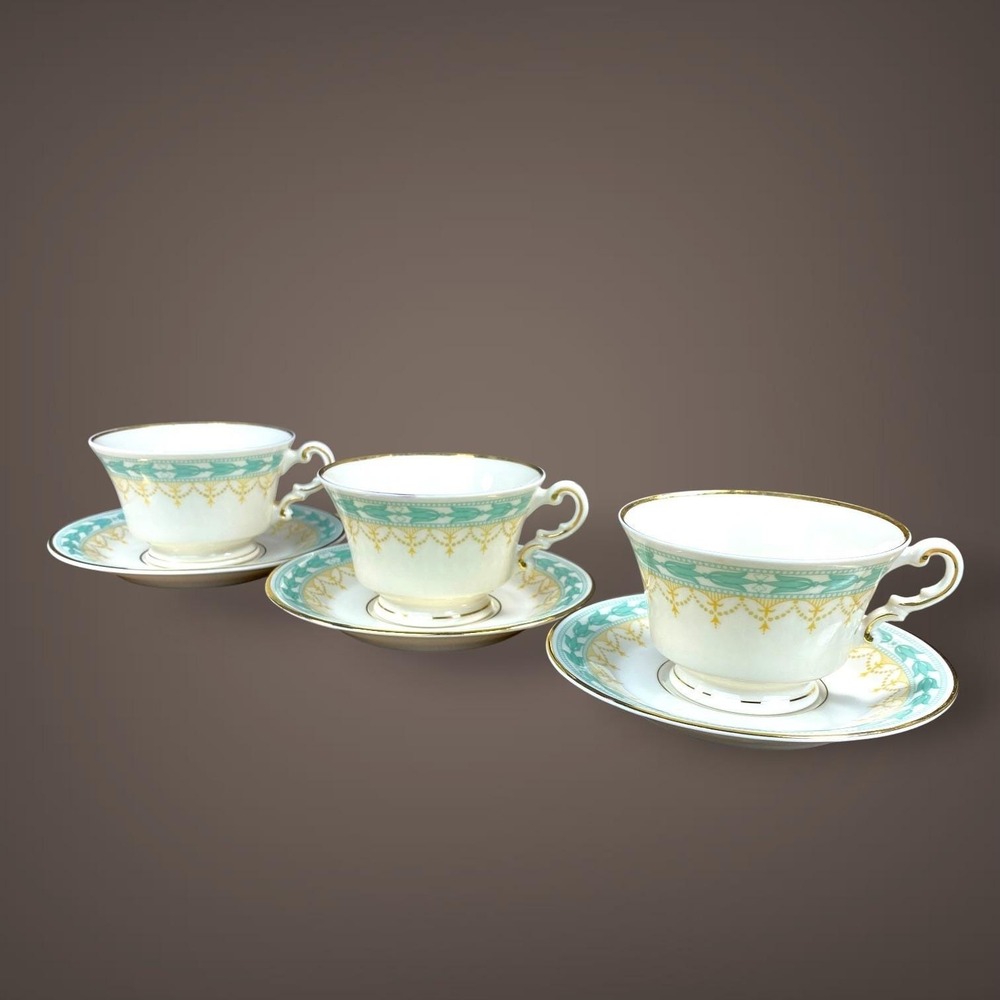 Syracuse Betsy Ross Turquoise Cups Saucers SETof 3 Old Ivory OPCO 30s-40s